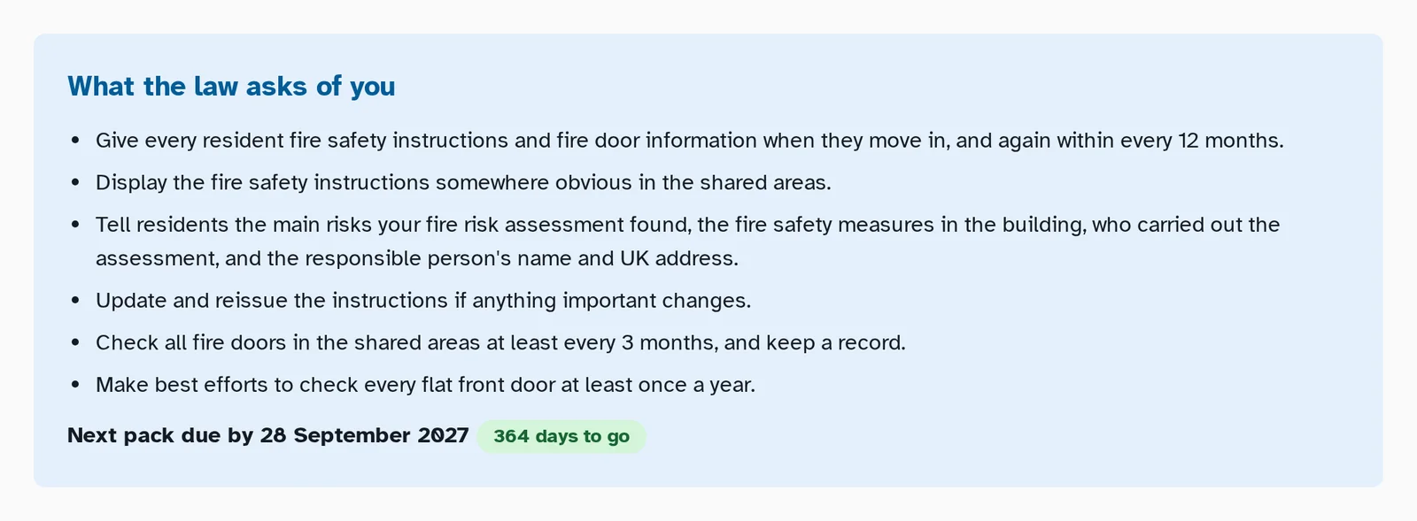 Screenshot of the What the law asks of you panel for a building between 11 and 18 metres