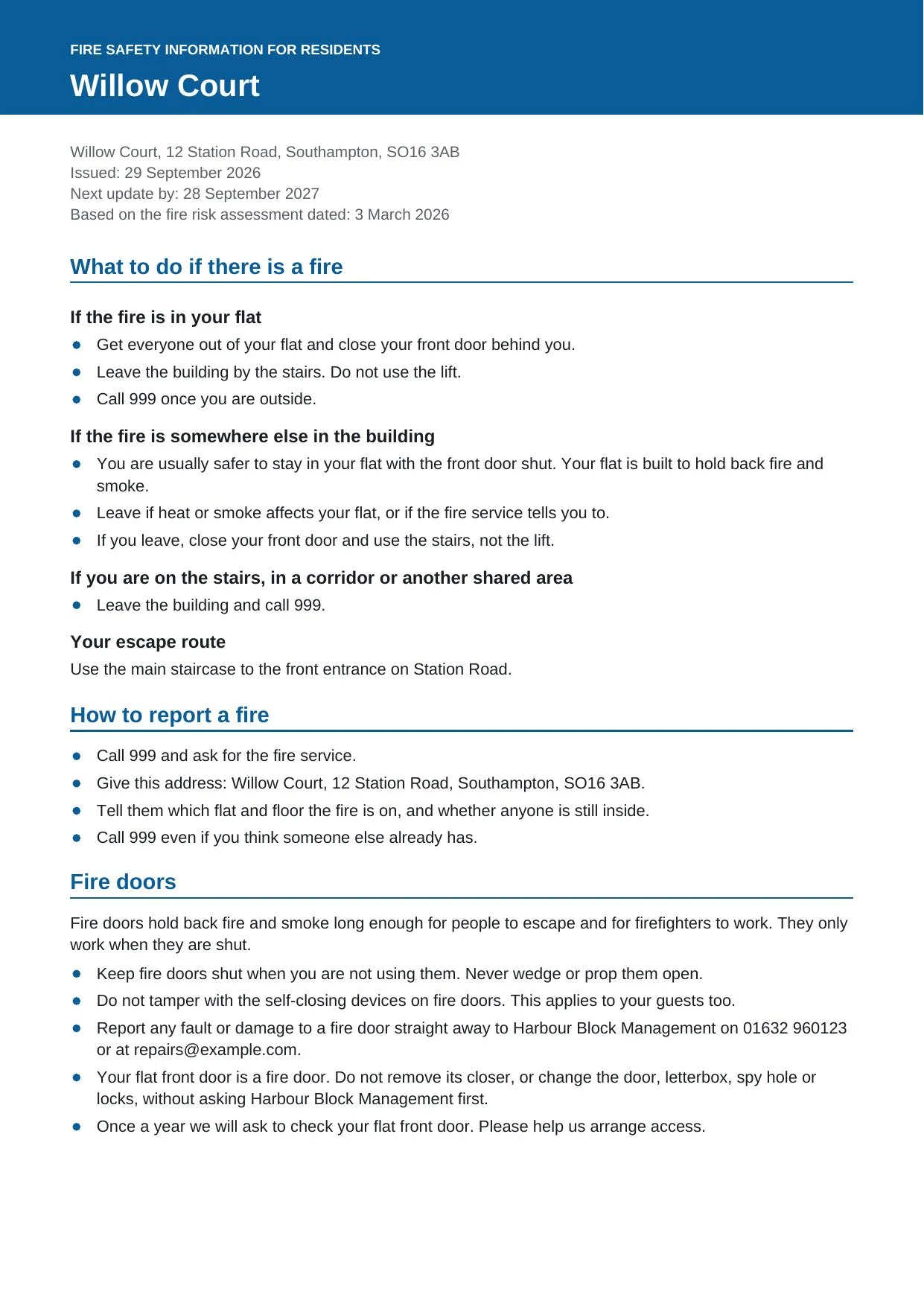 Page 1 of a sample resident fire safety leaflet, showing what to do if there is a fire, how to report a fire and fire door rules