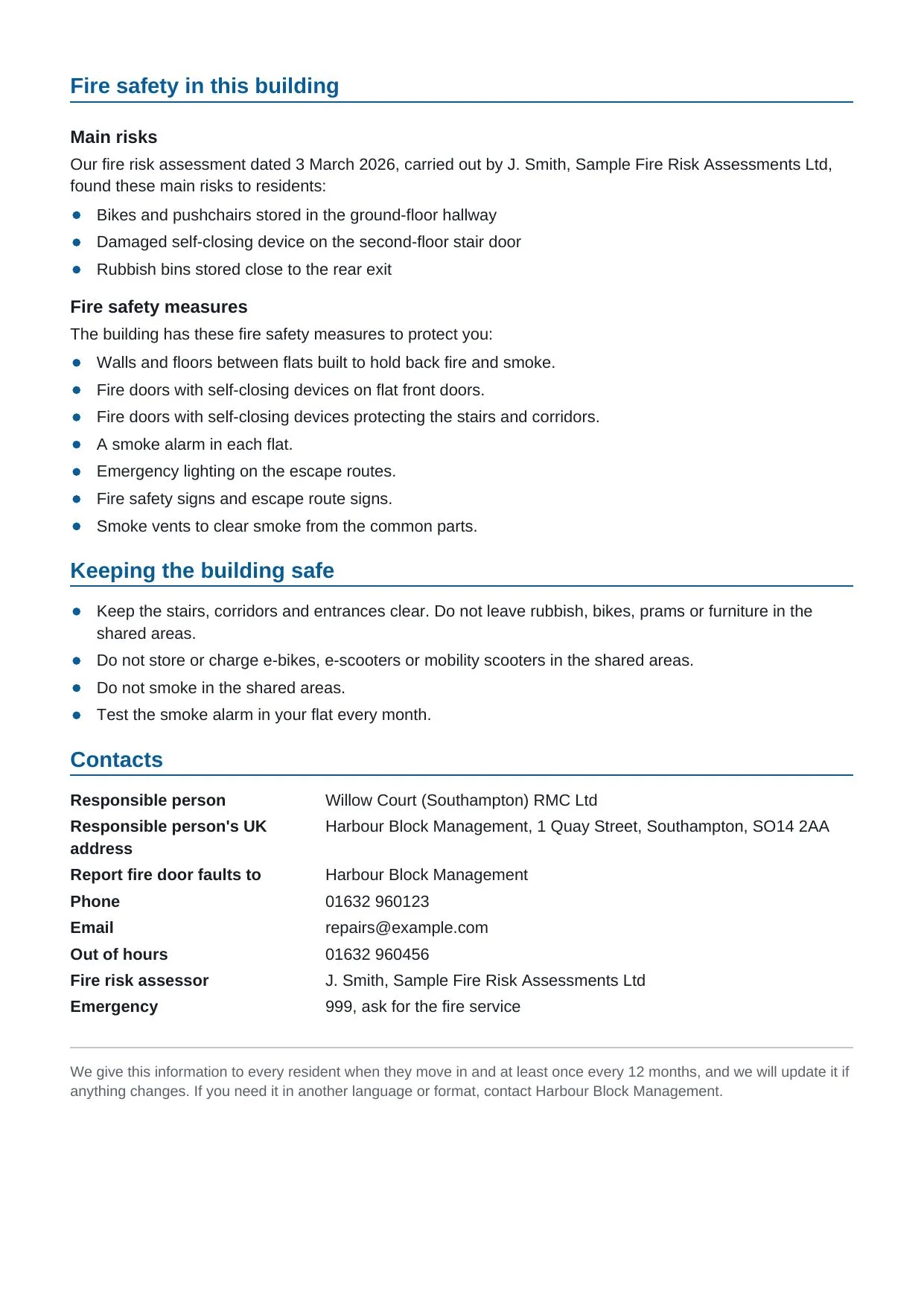 Page 2 of a sample resident fire safety leaflet, showing the building's main fire risks, fire safety measures, building rules and contacts