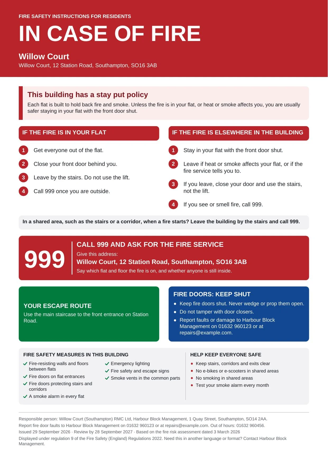 Sample A4 In case of fire notice for the common parts of a block of flats with a stay put policy