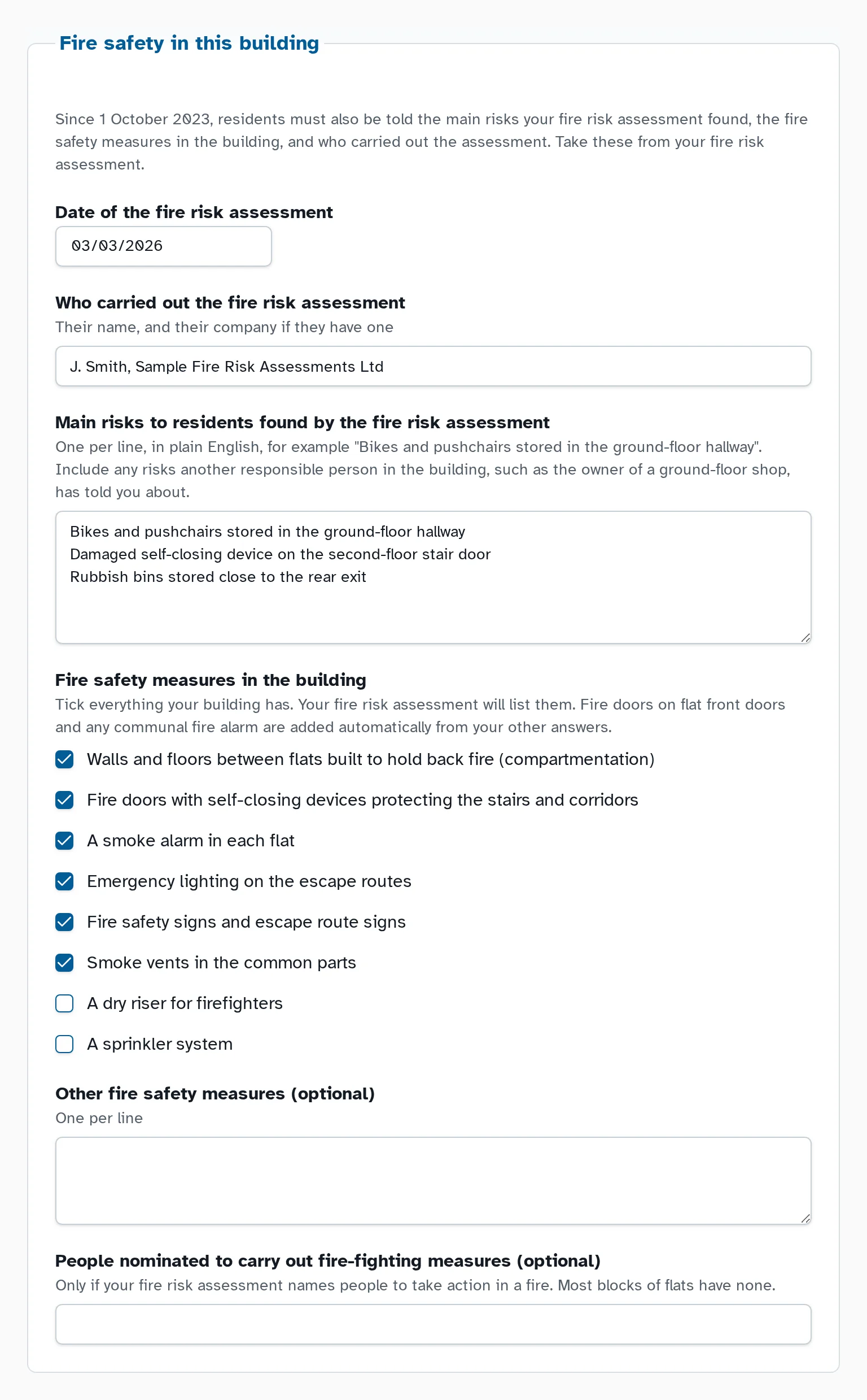 Screenshot of the Fire safety in this building section of the set-up form