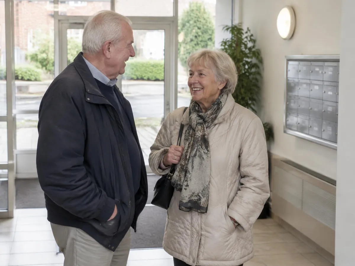 Older residents talking in the entrance hall of a block of flats