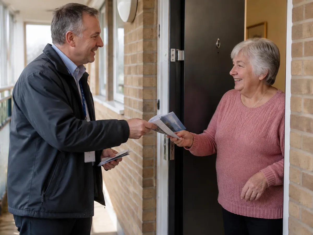 Director giving a resident the fire safety information leaflet